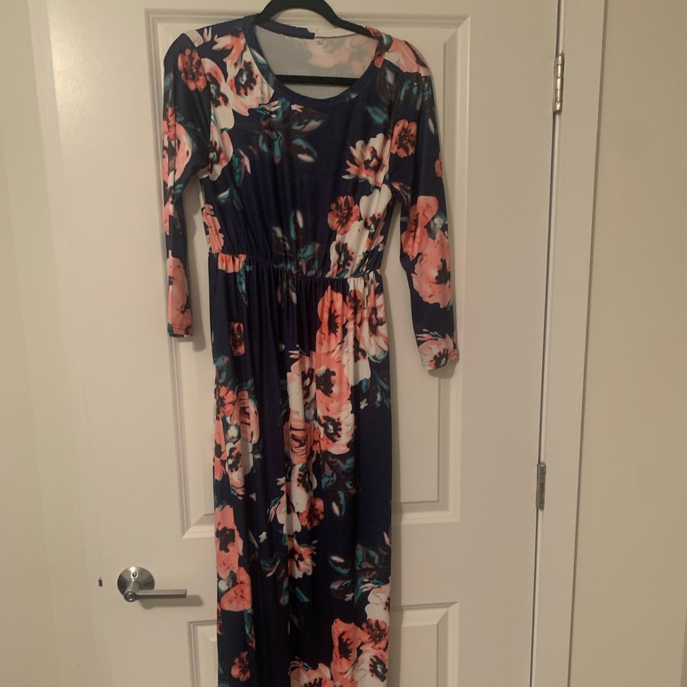 Blue floral long sleeve maternity dress